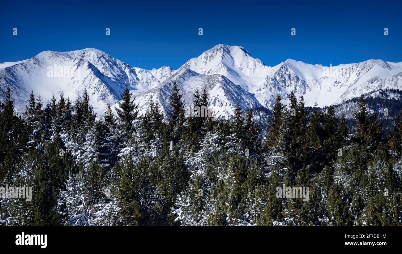 Carlit e Pyrénées Orientales cime innevate in inverno (Les Angles, Pyrénées Orientales, Francia) ESP: Cumbres del Carlit y el Pirineo Oriental nevados Foto Stock