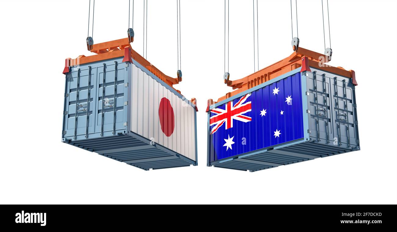 Container con bandiera australiana e giapponese. Rendering 3D Foto Stock