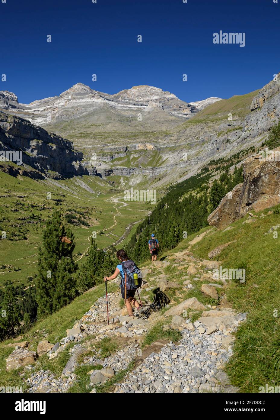 Escursioni attraverso il Faja Pelay nella valle di Ordesa. Sullo sfondo, la vetta del Monte Perdido.(Parco Nazionale di Ordesa e Monte Perdido, Aragona, Spagna) Foto Stock