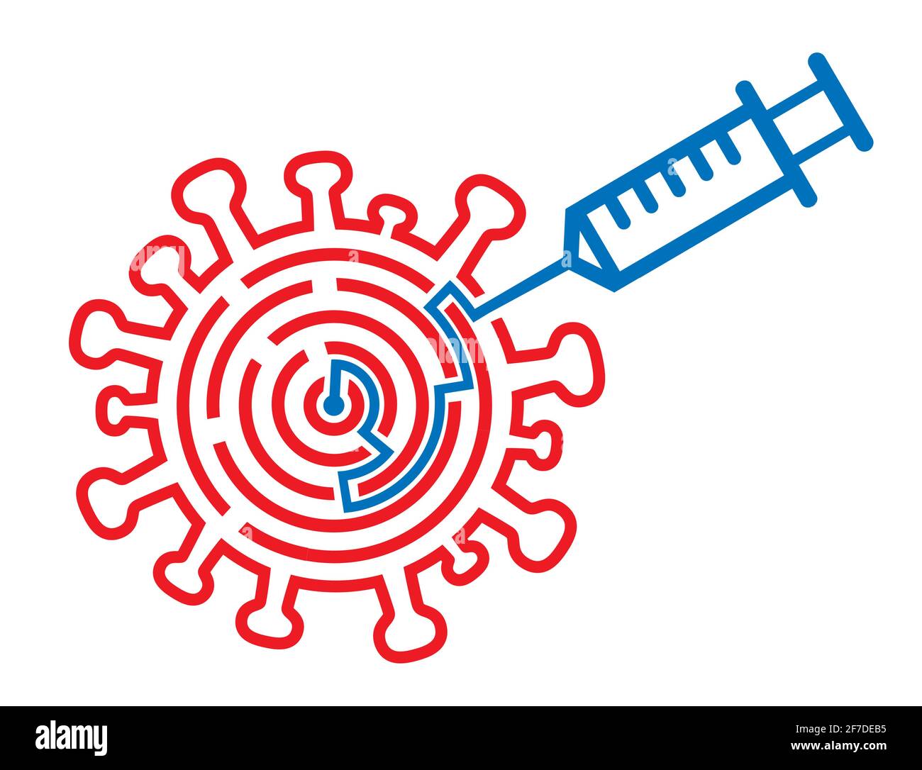 Iniezione del vaccino del coronavirus, vaccinazione. Simbolo del coronavirus con labirinto e iniezione simboleggiando il successo nel trattamento del covid-19. Illustrazione Vettoriale