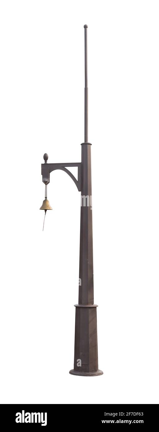 Palo in metallo, tiene una campana, su uno sfondo bianco in isolamento Foto Stock