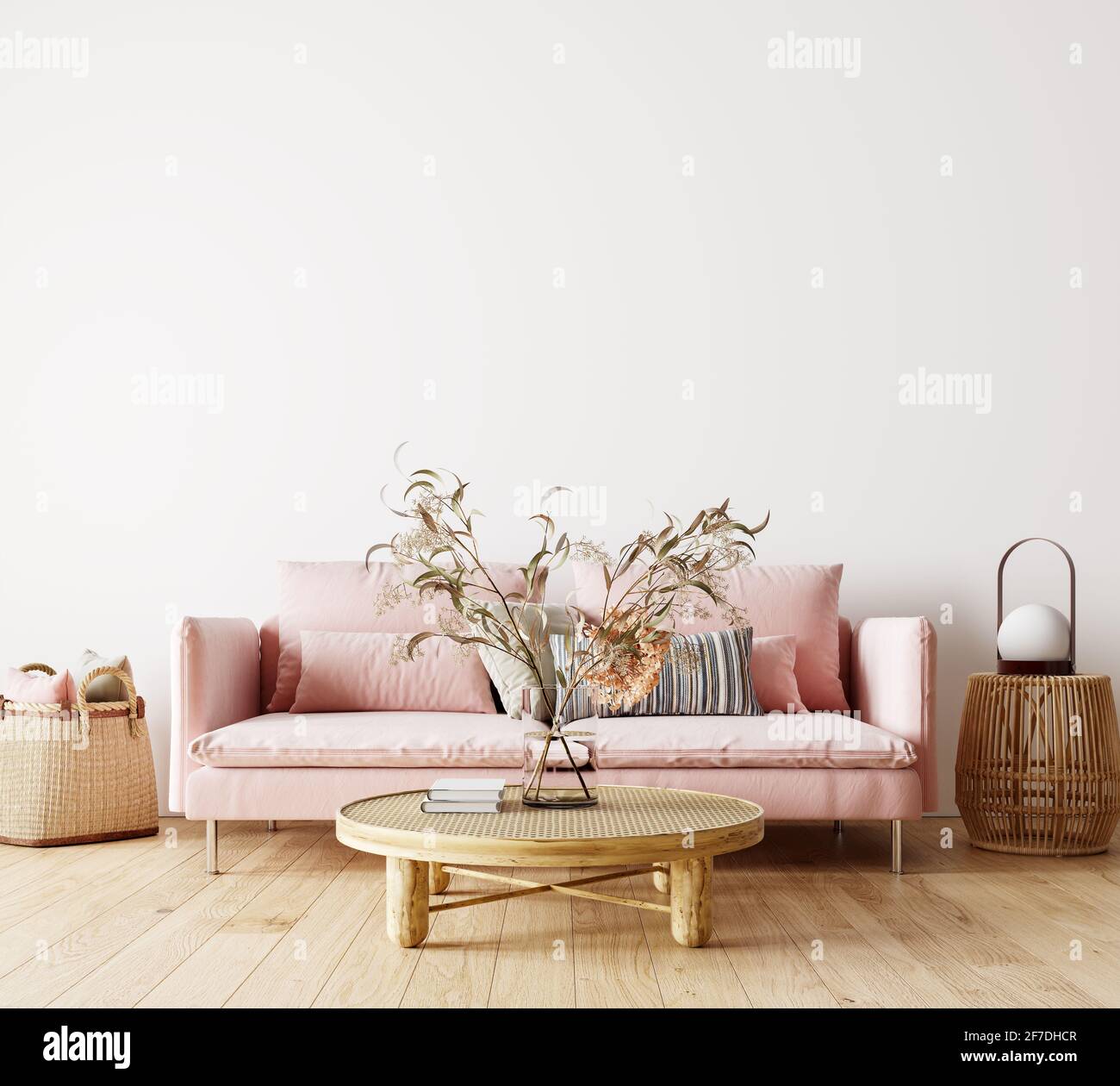 Interni dal design moderno del soggiorno con divano rosa, decorazioni con piante secche e pareti bianche vuote mock up sfondo 3D rendering, illustrazione 3D Foto Stock