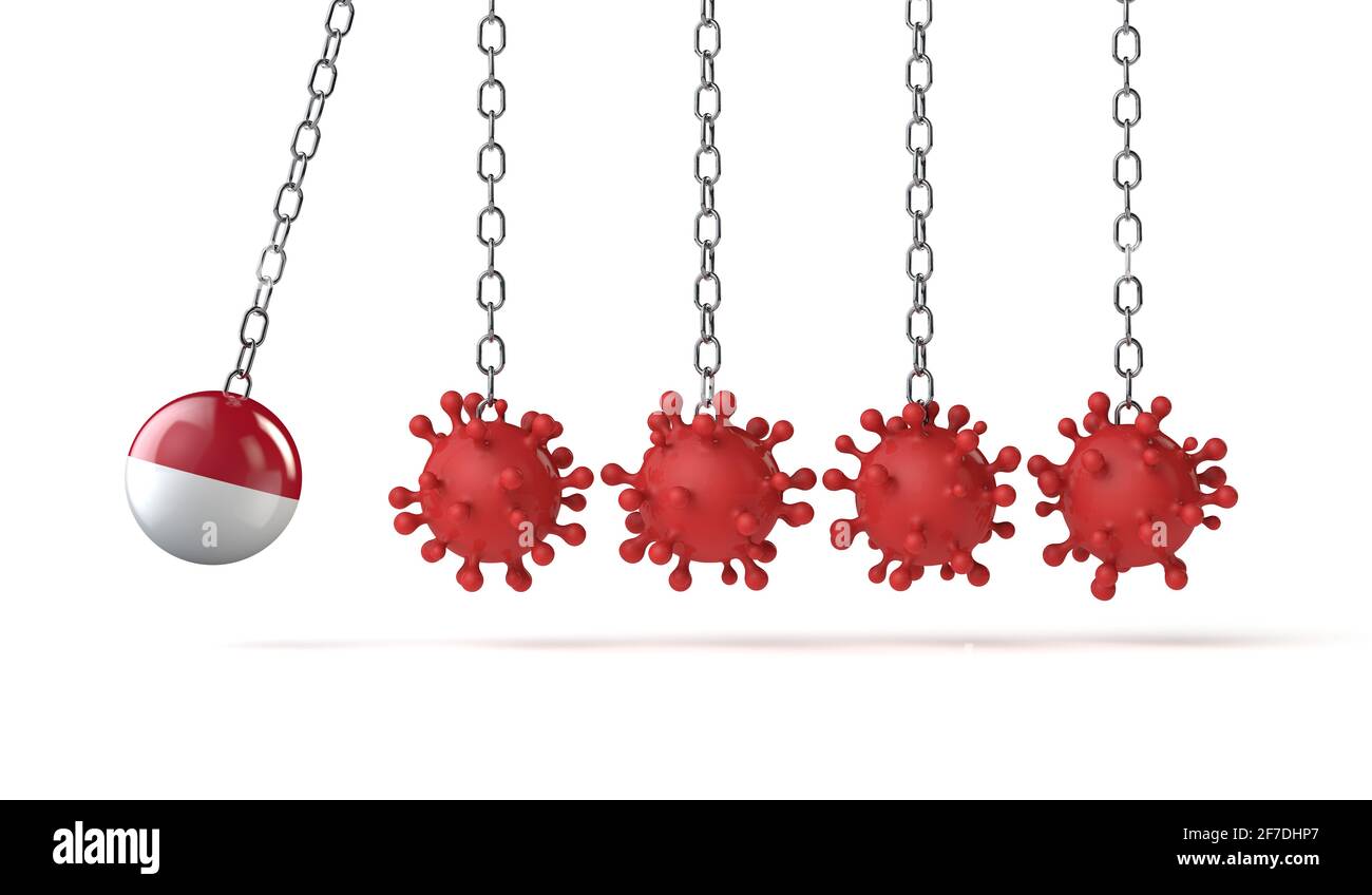 La bandiera indonesiana colpisce una linea di molecole di coronavirus. Rendering 3D Foto Stock La bandiera indonesiana colpisce una linea di molecole di coronavirus. Rendering 3D Foto Stock