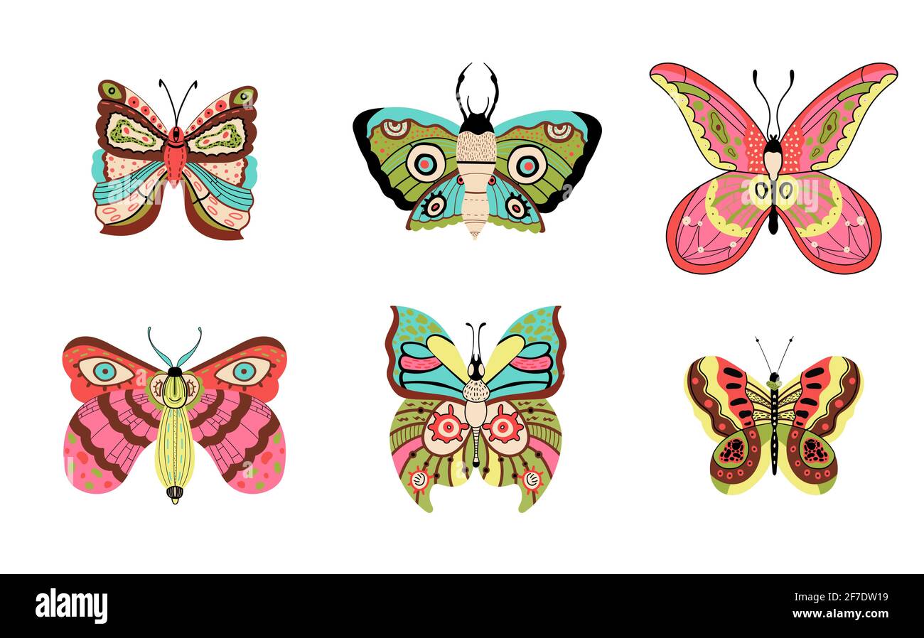 Set di fantastico vettore di insetti di farfalle tropicali Illustrazione Vettoriale