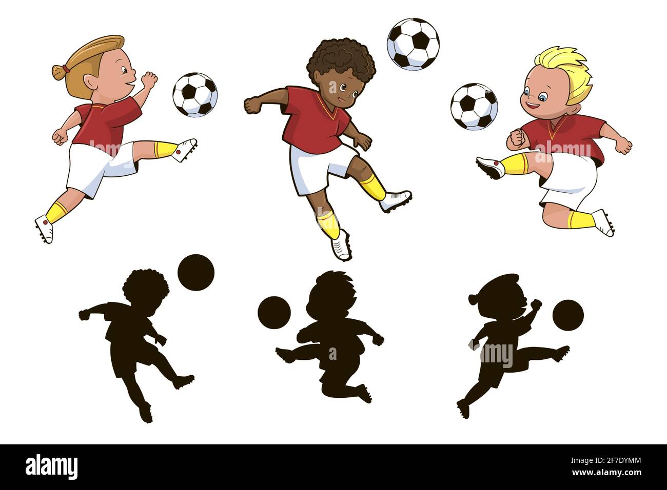 Trova il corretto shadow.an gioco educativo per i bambini sul Tema di sport, i giocatori di calcio ragazzi calciare una palla di calcio.illustrazione vettoriale nel cartoo Illustrazione Vettoriale