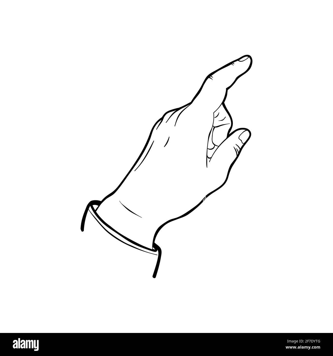Mano, mano con un dito indice allungato, puntando o facendo clic su qualcosa, illustrazione vettoriale in nero e bianco di schizzo, linea d'arte isolata Illustrazione Vettoriale
