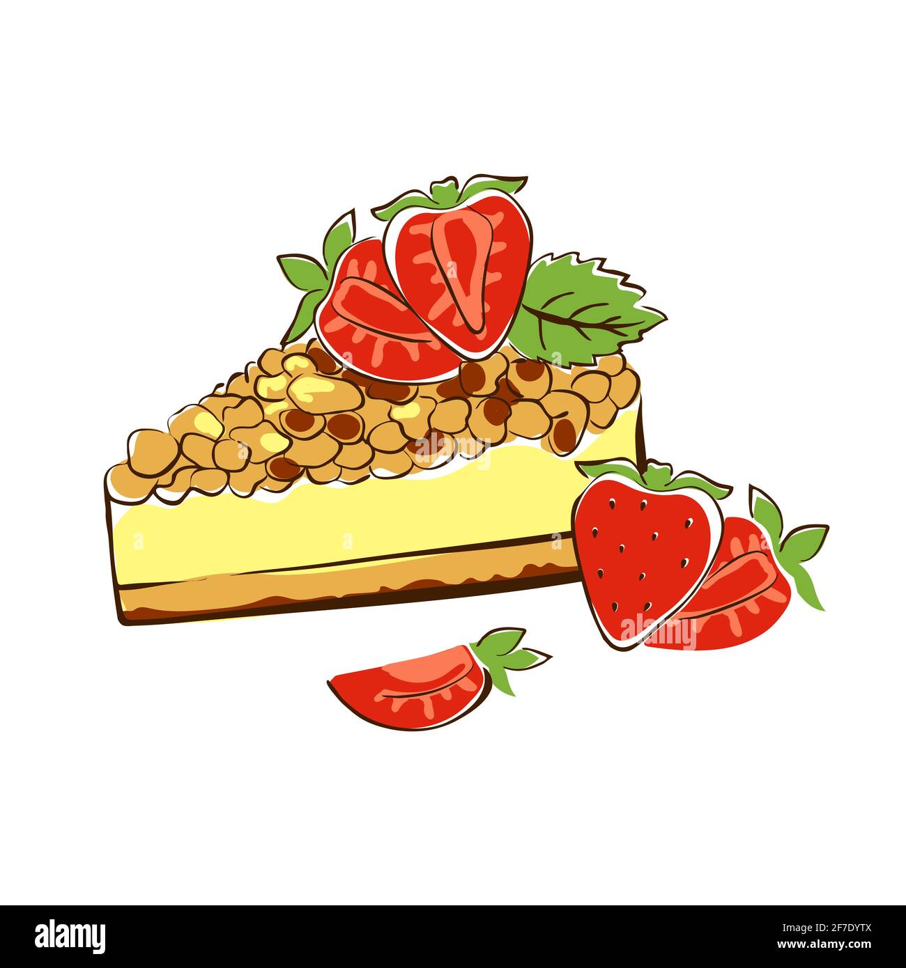 Torta, pezzo triangolare di dessert sabbioso bevendo in crema dolce e. Guarnito con fruit.Sketch,doodle,illustrazione vettoriale isolata su sfondo bianco Illustrazione Vettoriale