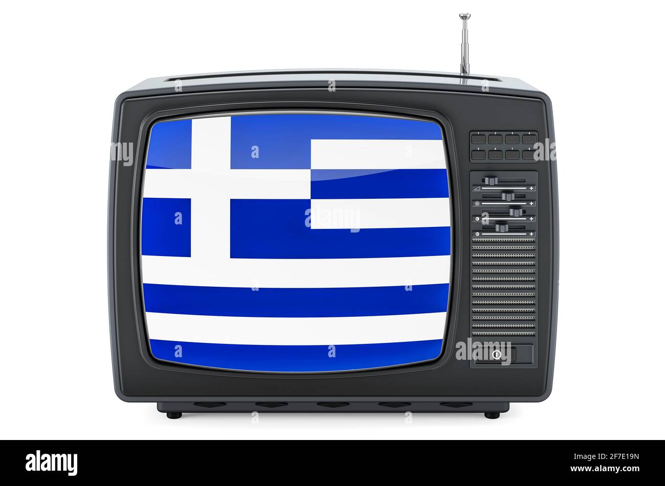 Concetto televisivo greco. TV con bandiera della Grecia. Rendering 3D isolato su sfondo bianco Foto Stock