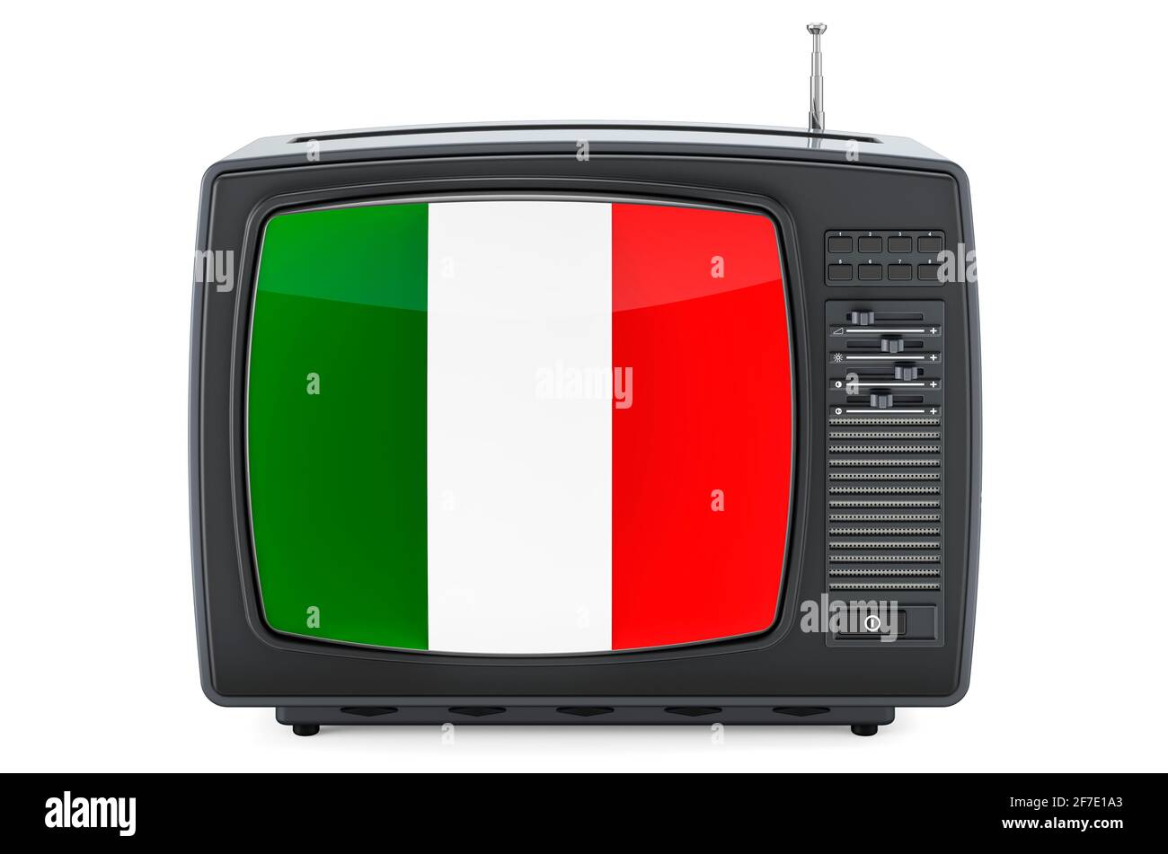 Concetto televisivo italiano. TV con bandiera d'Italia. Rendering 3D isolato su sfondo bianco Foto Stock