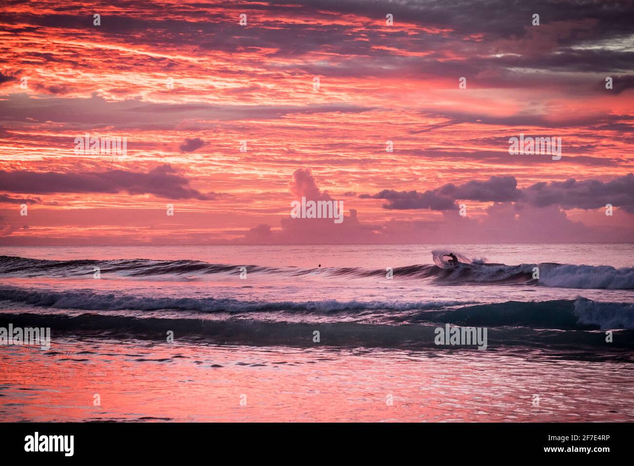 Vivace tramonto rosa sulle dolci onde sulla spiaggia Alle Hawaii Foto Stock