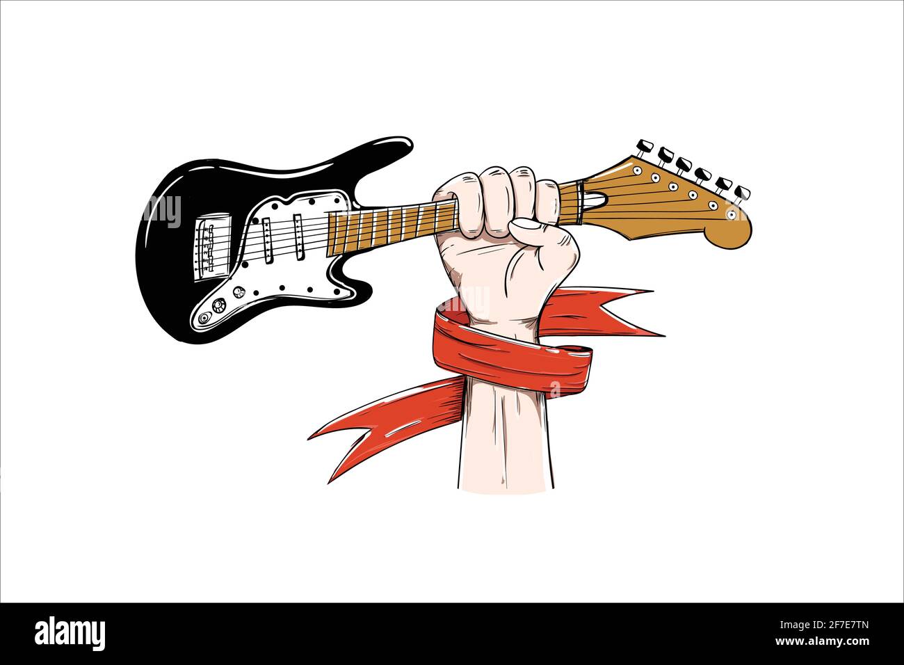 chitarra elettrica a mano con vettore di concetto di musica a nastro rosso illustrazione Illustrazione Vettoriale