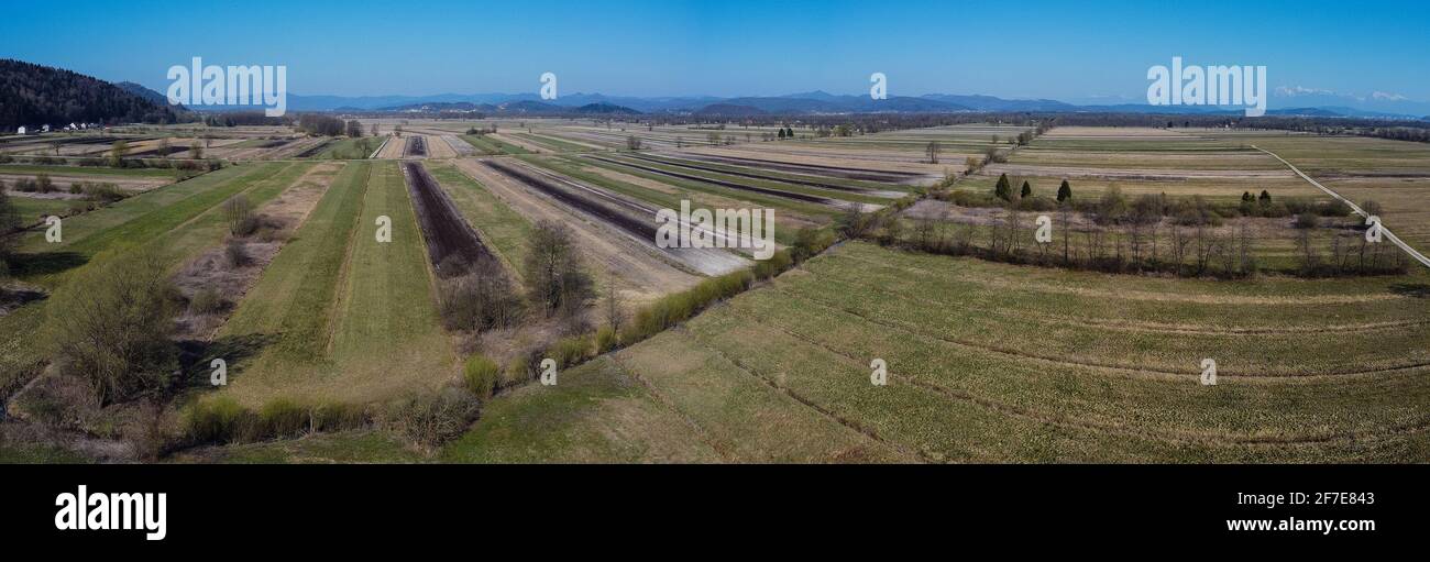 Panorama aereo dei droni di Lubiana paludi o Barje vicino a Barjanska Okna o finestre fiume primavera. Foto Stock