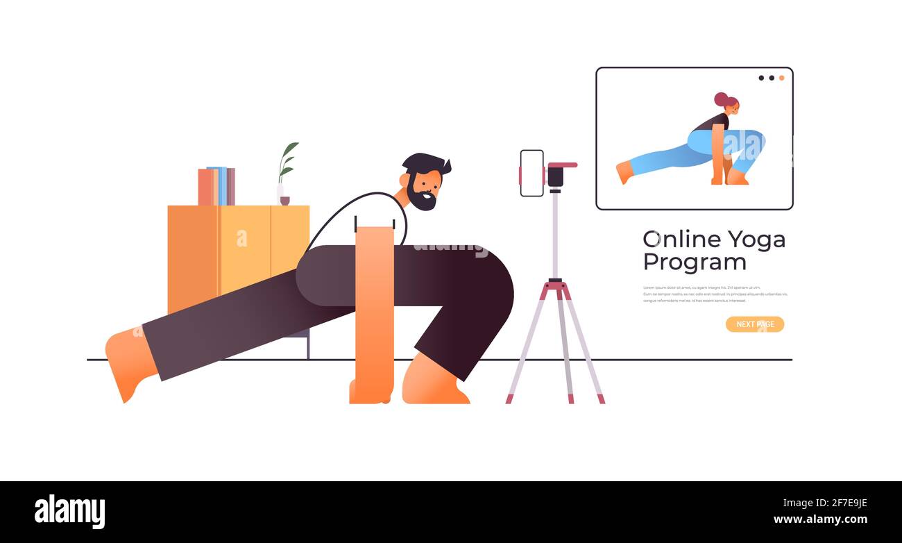 giovane uomo che fa esercizi di stretching mentre guarda video formazione online programma con concetto di allenamento per insegnanti di yoga femminile Illustrazione Vettoriale