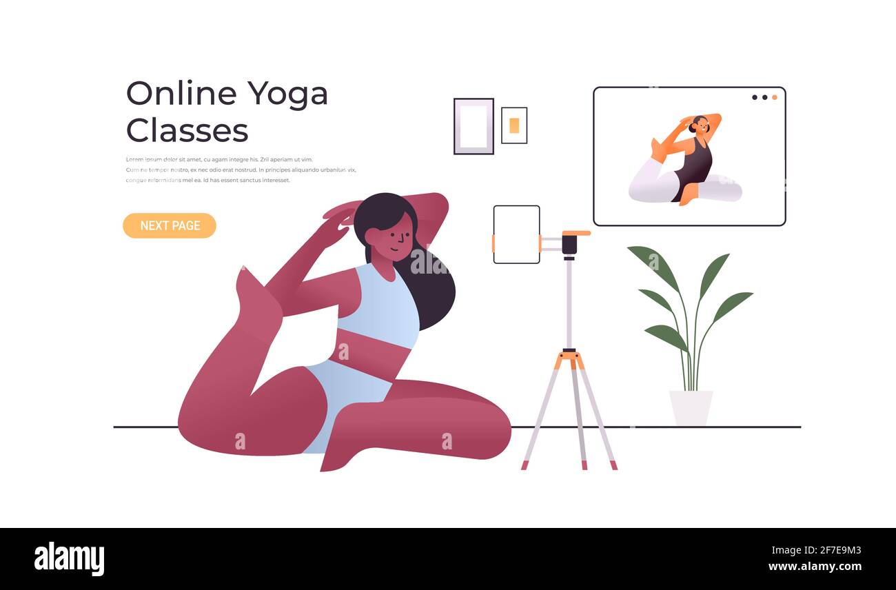 donna che fa esercizi di stretching mentre guarda il programma di video formazione online con concetto di allenamento per insegnanti di yoga Illustrazione Vettoriale