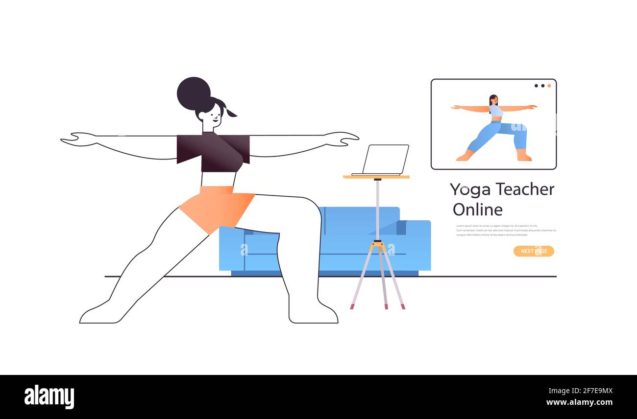 donna che fa esercizi di stretching mentre guarda il programma di video formazione online con allenamento per insegnanti di yoga Illustrazione Vettoriale
