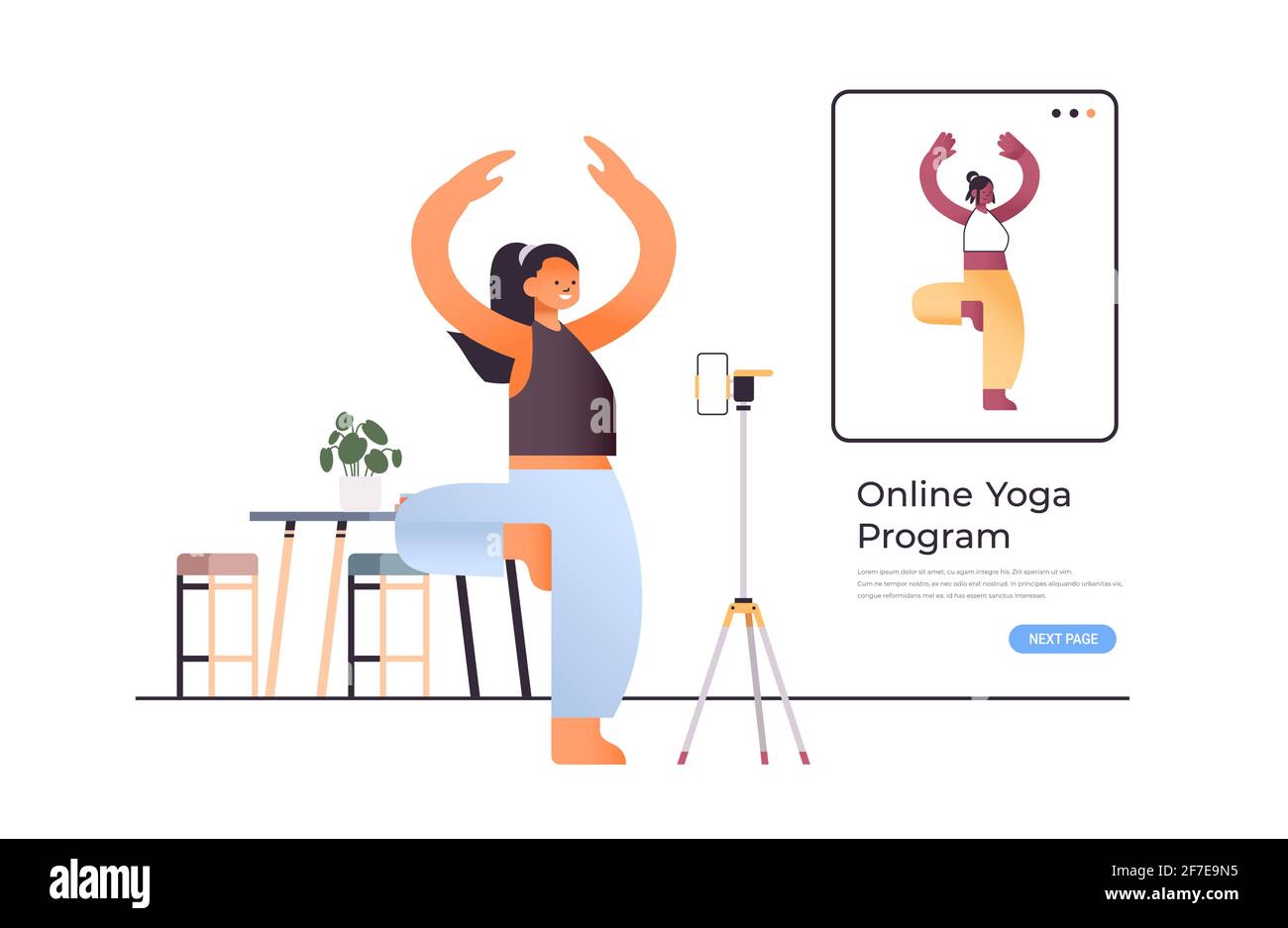 giovane donna in piedi in posa asana mentre si guarda il video online programma di allenamento con concetto di allenamento per insegnanti di yoga Illustrazione Vettoriale