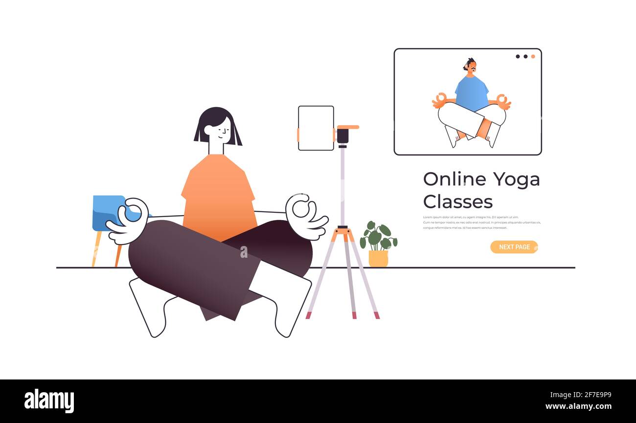 giovane donna seduta lotus posa mentre si guarda video formazione online programma con concetto di allenamento per insegnanti di yoga femminile Illustrazione Vettoriale