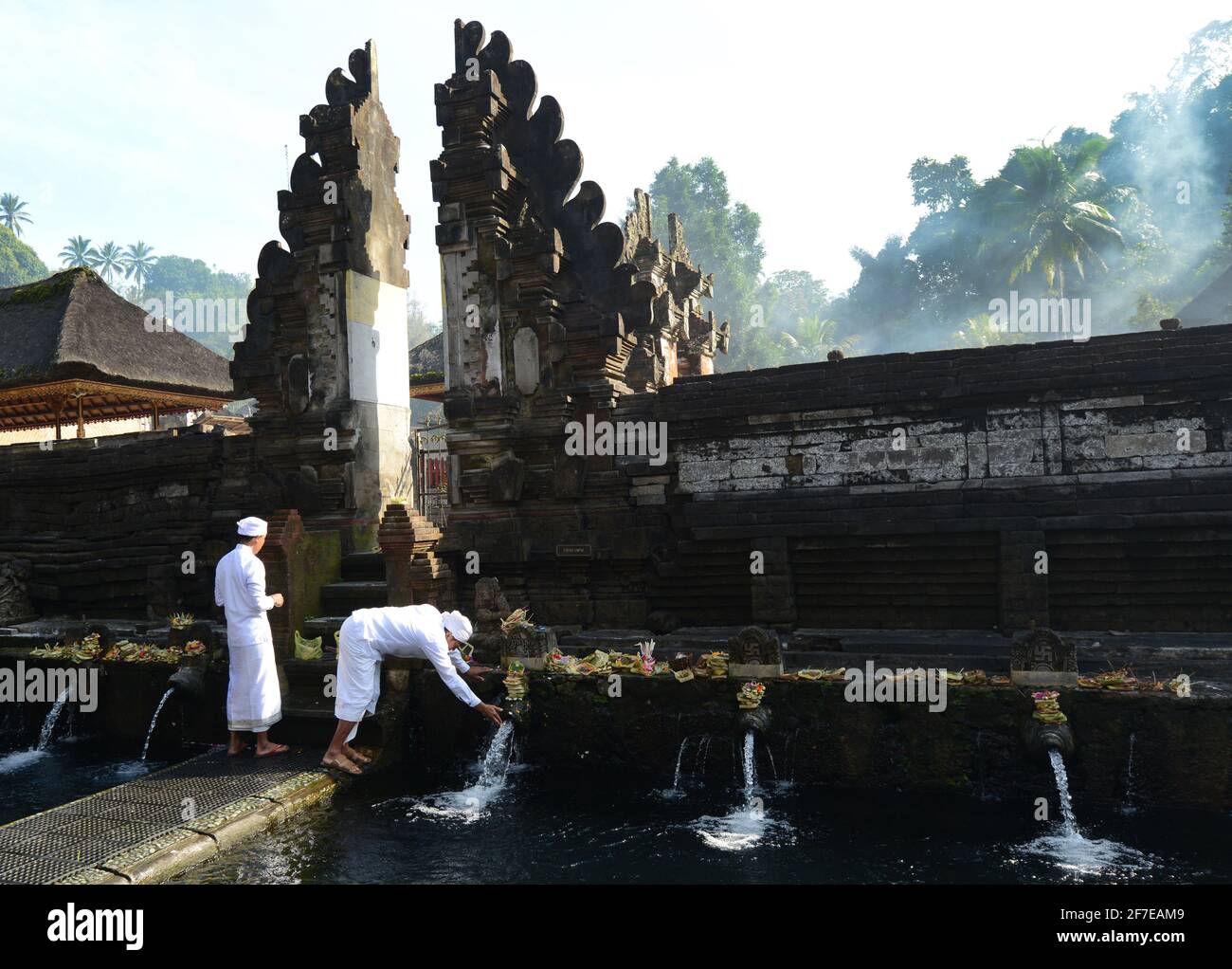 Sacerdote indù balinese che prega presso la piscina purificante del tempio Tirta Empowerl di Bali, Indonesia. Foto Stock