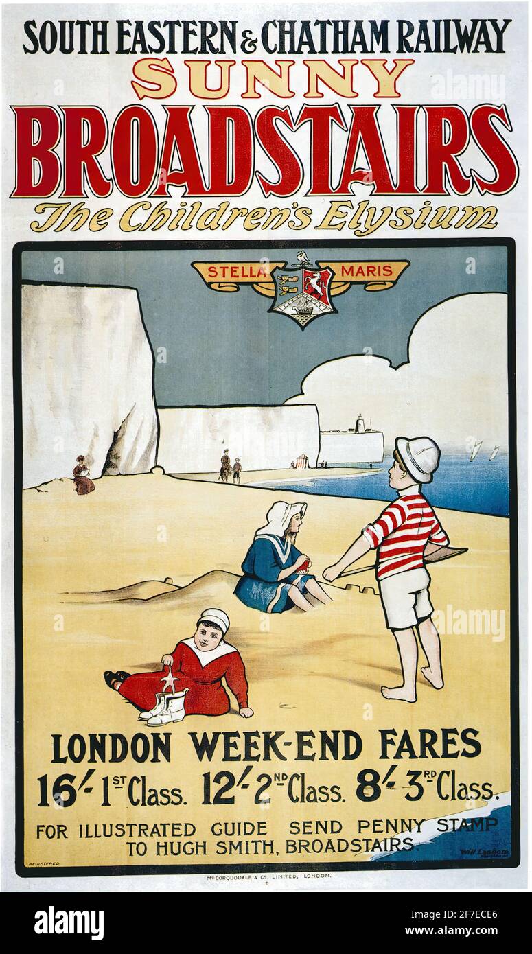 Un poster di viaggio britannico d'epoca per la South Eastern Chatham Railway A Broadstairs in Kent Foto Stock