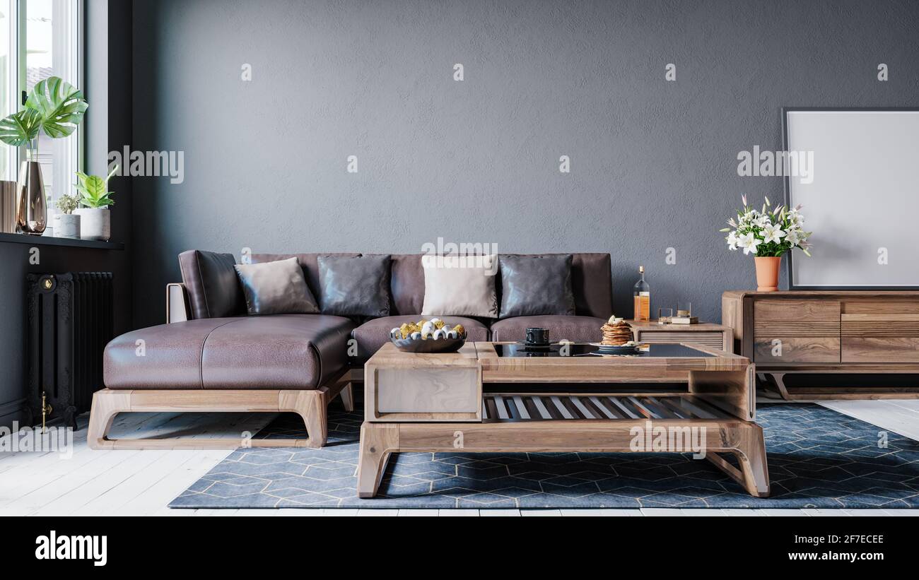 Interni dal design moderno di casa, ufficio, dettagli interni, mobili tappezzati sullo sfondo di una parete scura. Foto Stock
