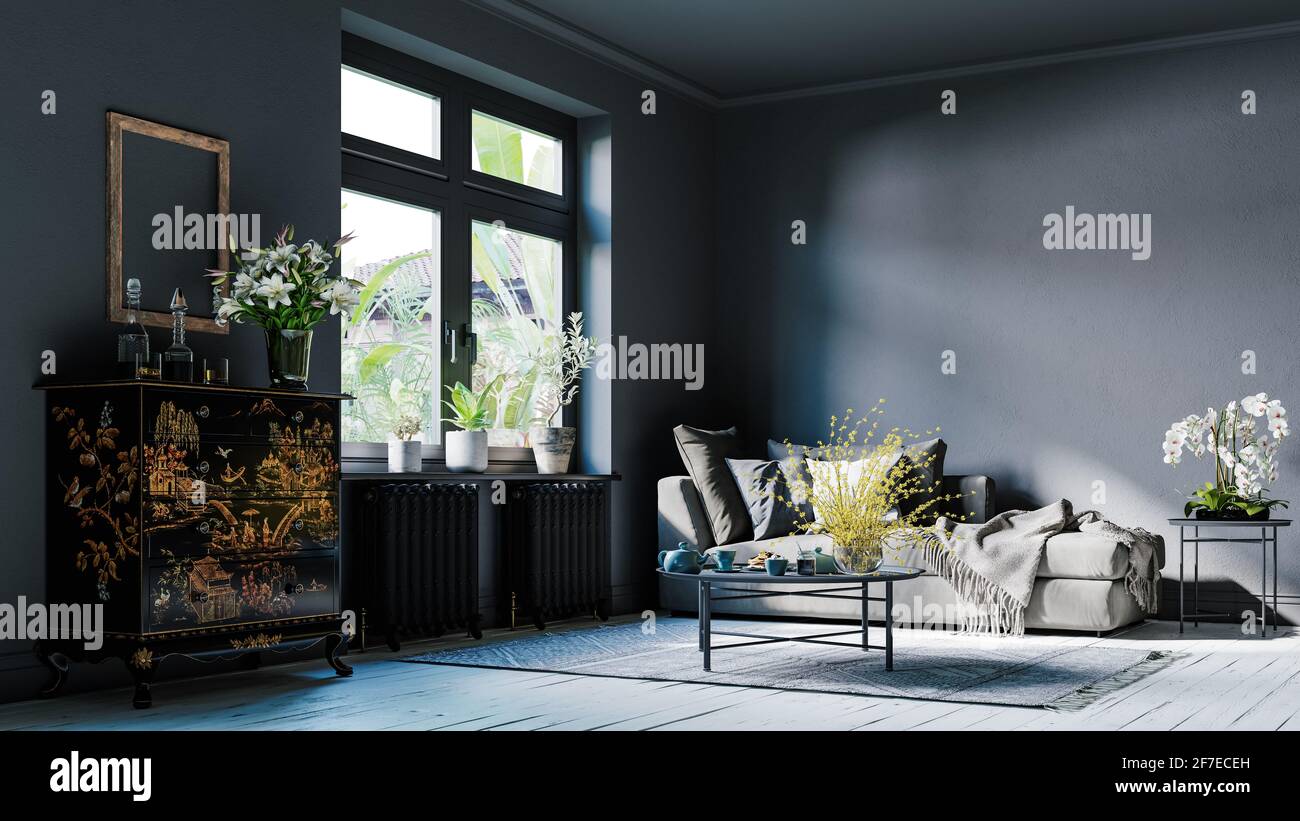 Interni dal design moderno di casa, ufficio, dettagli interni, mobili tappezzati sullo sfondo di una parete scura. Foto Stock