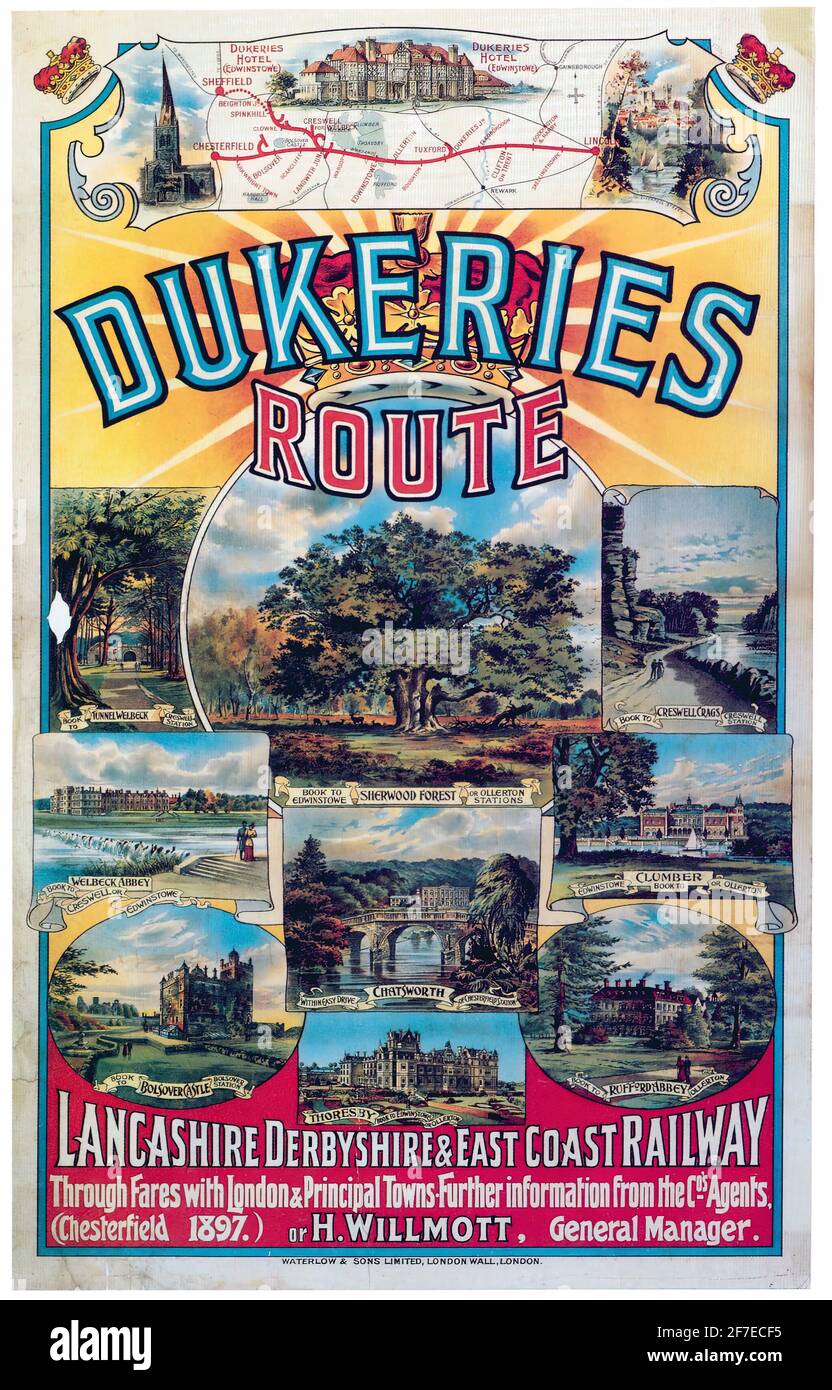 Un poster di viaggio britannico d'epoca per la Dukeries Route e il Lancashire, il Derbyshire e la East Coast Railway Foto Stock