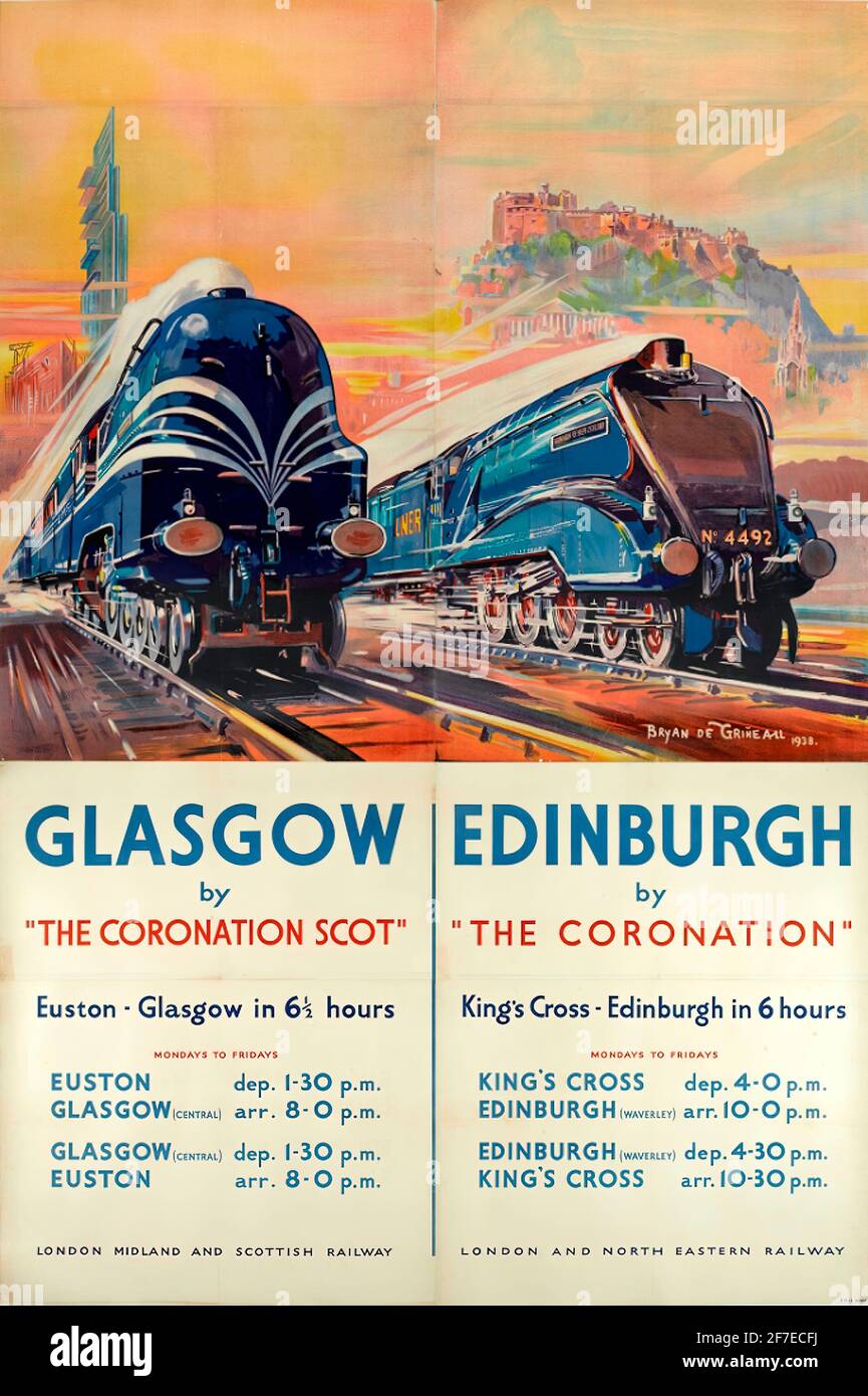 Un poster di viaggio d'epoca per il viaggio in treno in Scozia La Coronation Scot a Glasgow e la Coronation a Edimburgo Foto Stock