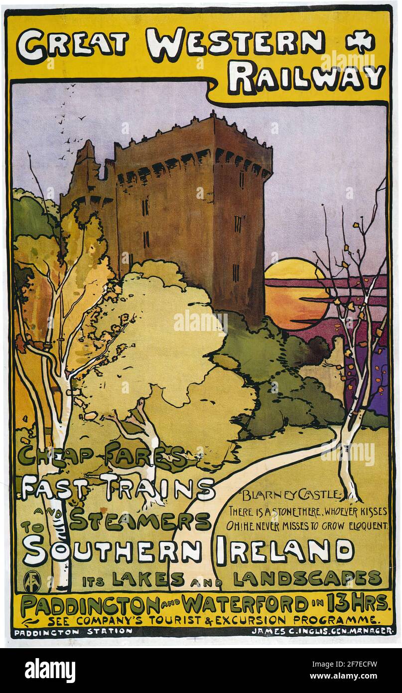 Un poster di viaggio d'epoca per la Great Western Railway To Irlanda del Sud con una foto di Blarney Castle Foto Stock
