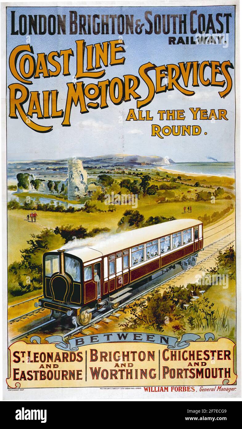 Un poster di viaggio britannico d'epoca per la London, Brighton e la South Coast Railway Coast Line per Eastbourne, Worthing e Portsmouth Foto Stock