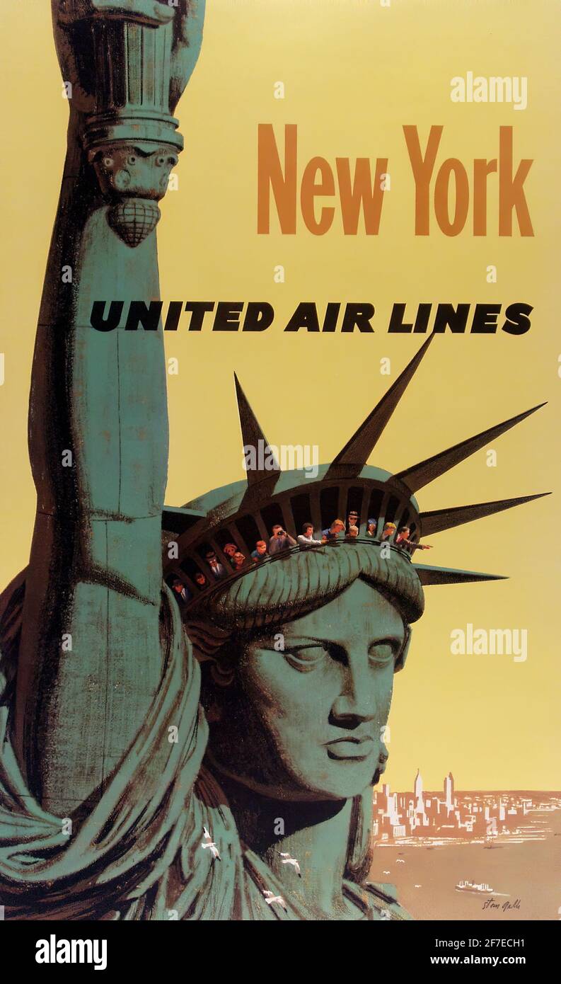 Un poster di viaggio vintage per New York con United Airlines, con una foto della Statua della libertà Foto Stock