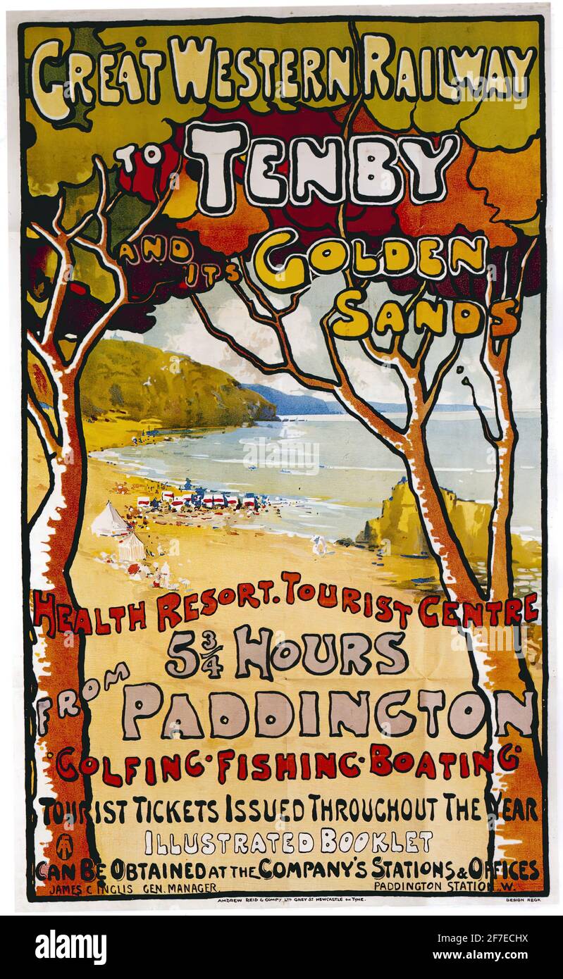 Un poster di viaggio d'epoca per la Great Western Railway To Tenby in Galles Foto Stock