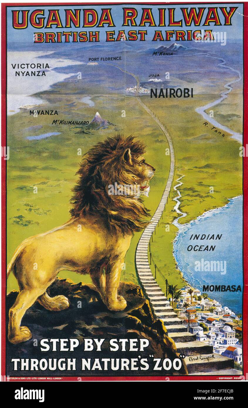 Un poster di viaggio d'epoca per la ferrovia ugandese in Gran Bretagna Africa orientale Foto Stock