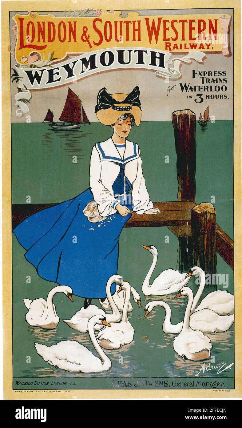 Un poster di viaggio d'epoca per la London & South Western Railway a Weymouth, Dorset Foto Stock