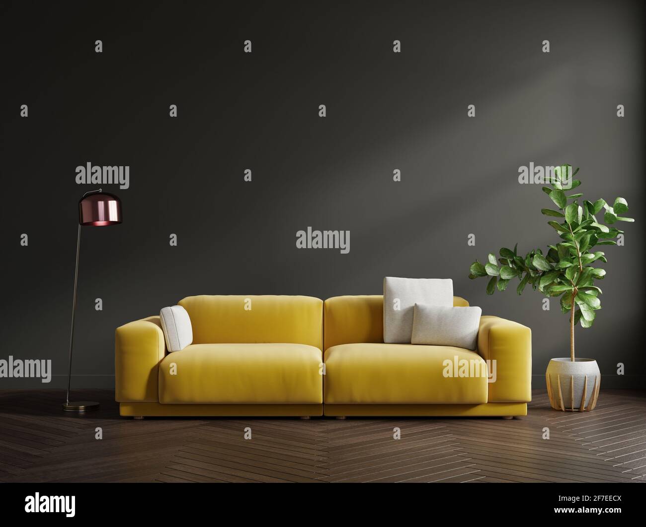 Interni moderni del soggiorno con divano luminoso e piante verdi, lampada, tavolo Su sfondo grigio estremo.rendering 3D Foto Stock