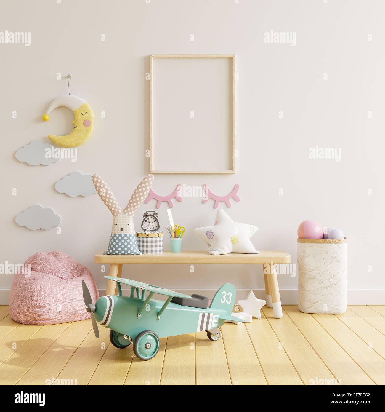 Cornice per poster mock-up nella stanza dei bambini, rendering 3d Foto Stock