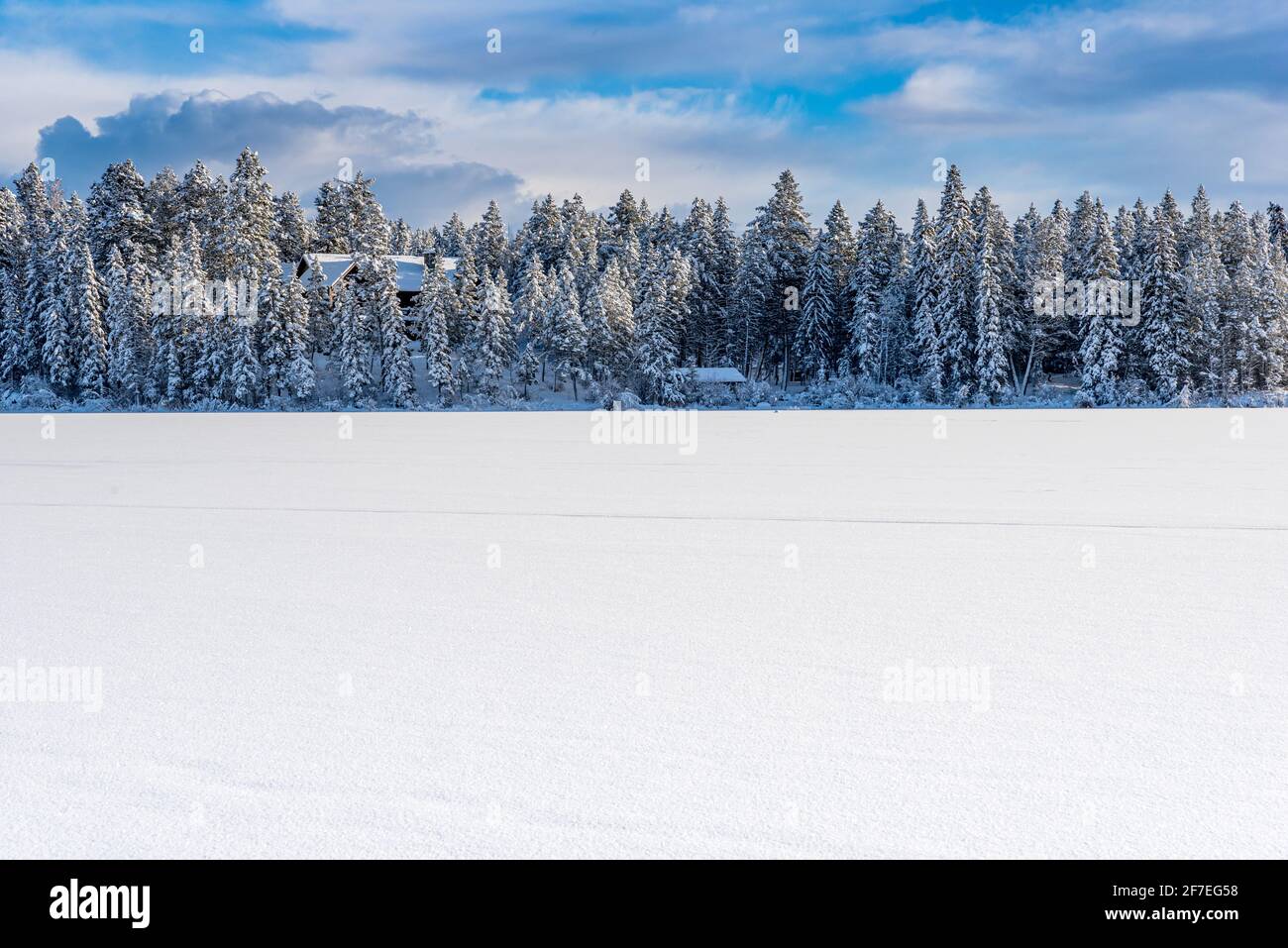 Cabina innevata nascosta tra gli alberi sul lago Lillian vicino Invermere, BC, Canada Foto Stock