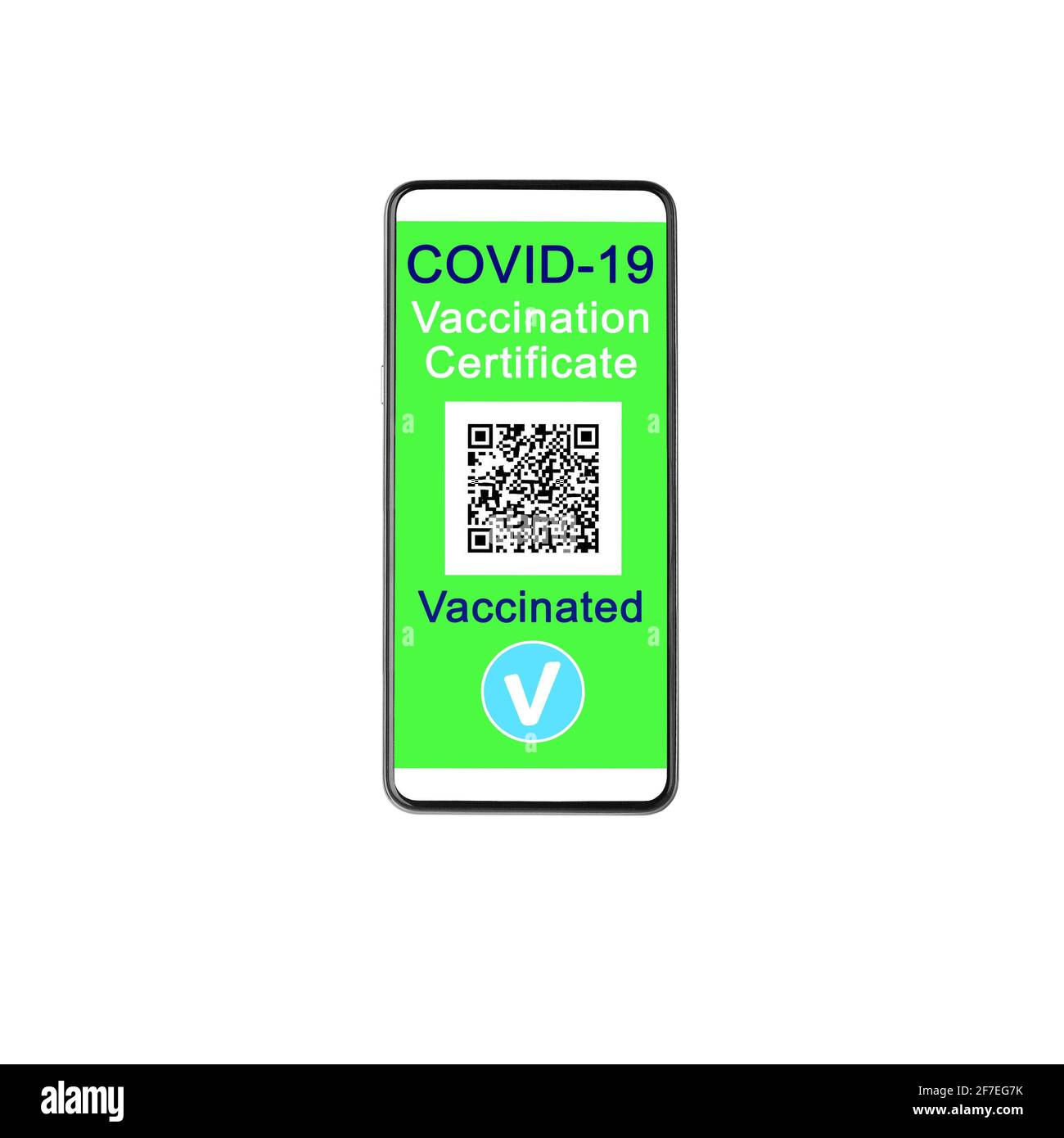 COVID 19 certificato di vaccinazione smartphone schermo bianco sfondo isolato primo piano, digitale coronavirus immunità passaporto salute, app telefono cellulare Foto Stock