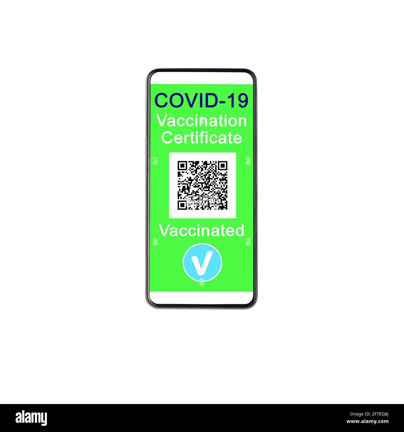 COVID 19 certificato di vaccinazione smartphone schermo bianco sfondo isolato primo piano, digitale coronavirus immunità passaporto salute, app telefono cellulare Foto Stock