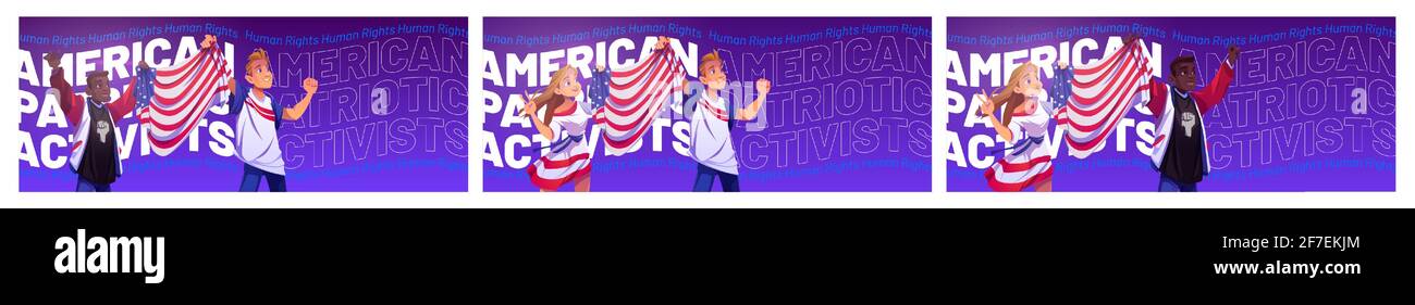 I cartoni animati per i diritti umani con persone multirazziali detengono la bandiera degli Stati Uniti. Attivisti patriottici americani. Donne o uomini di pelle bianca e nera protestano sulla rivolta dimostrativa, vettore web banner set Illustrazione Vettoriale