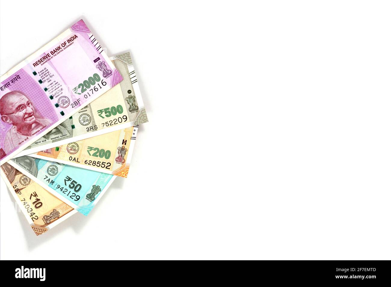 Nuova valuta indiana di 10, 500, 200, 50 e 2000 rupie note Foto Stock