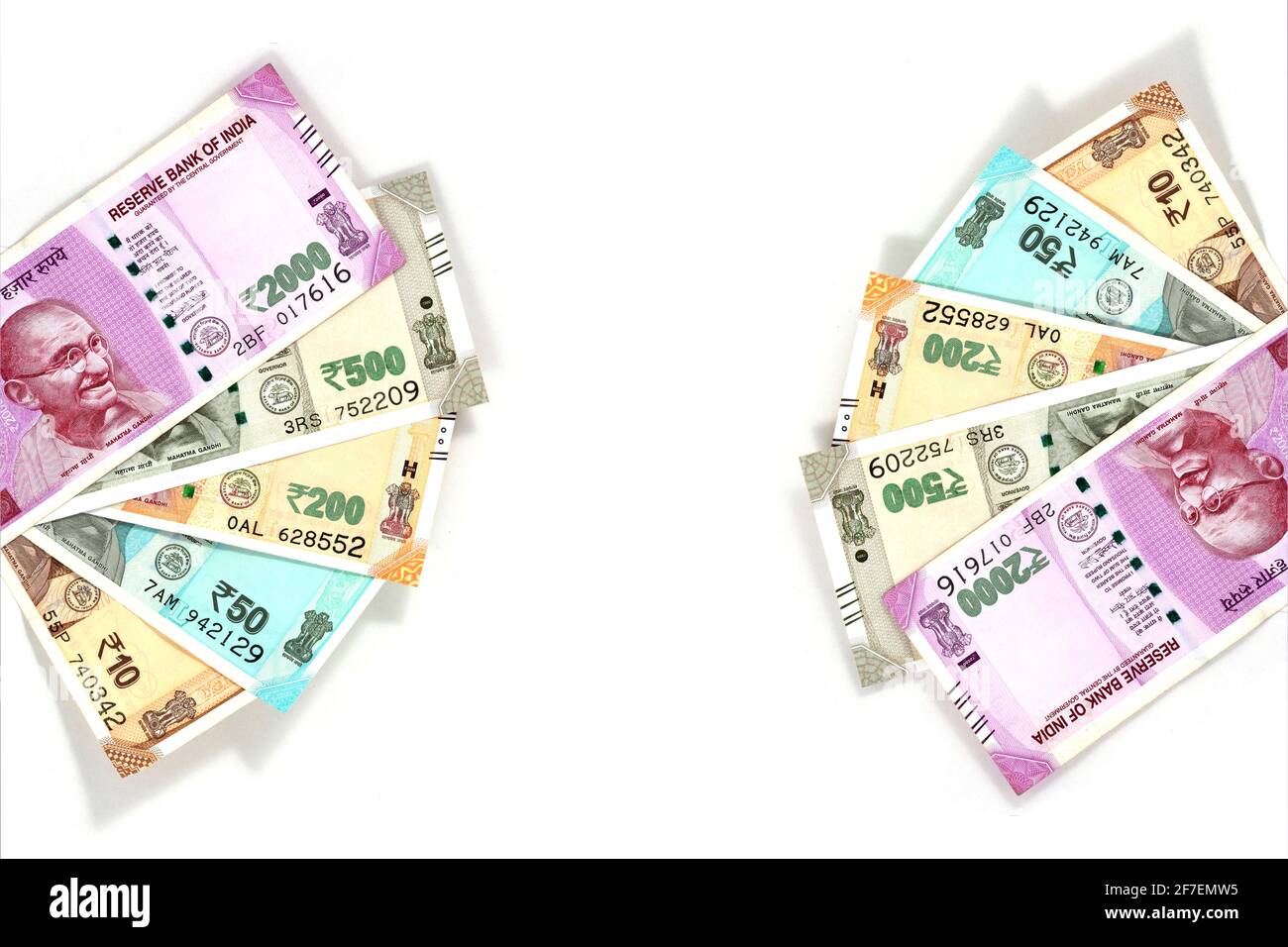 Nuova valuta indiana di 10, 500, 200, 50 e 2000 rupie note Foto Stock
