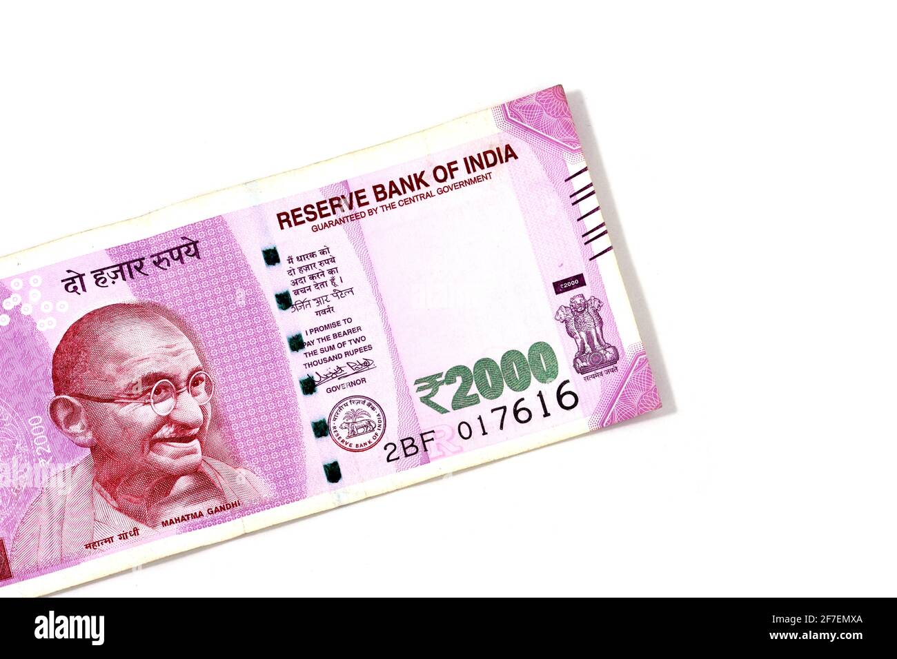 Nuova valuta indiana di 2000 rupee nota Foto Stock
