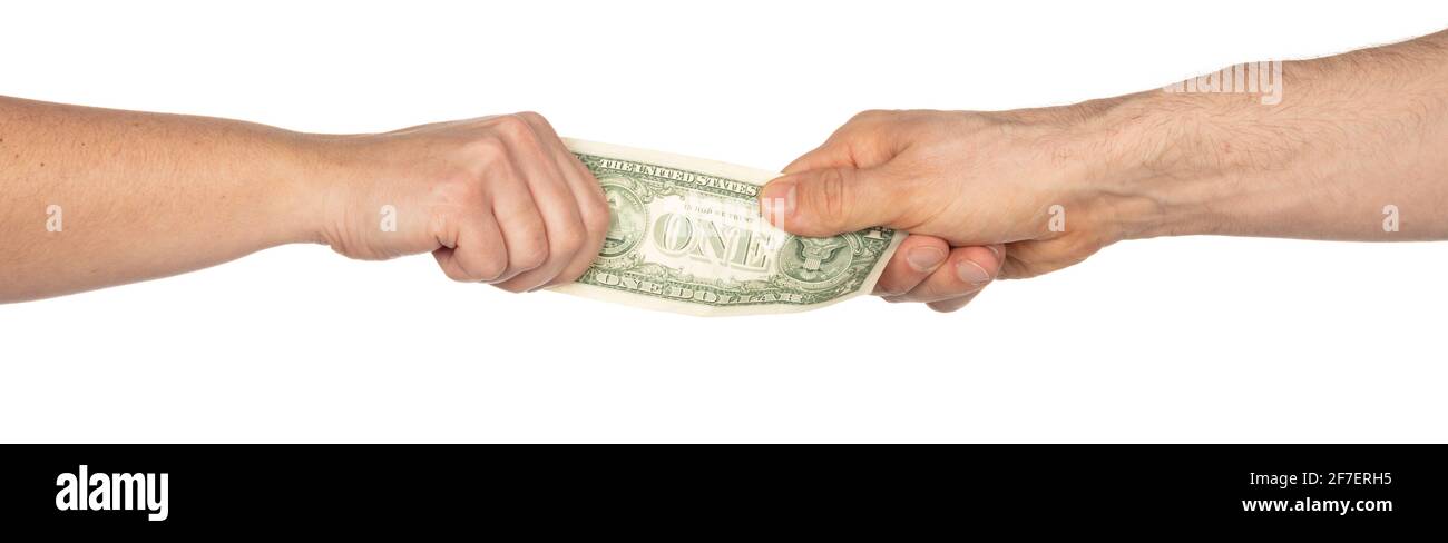 Gli uomini tengono la mano e danno il dollaro alla donna, isolato su bianco Foto Stock