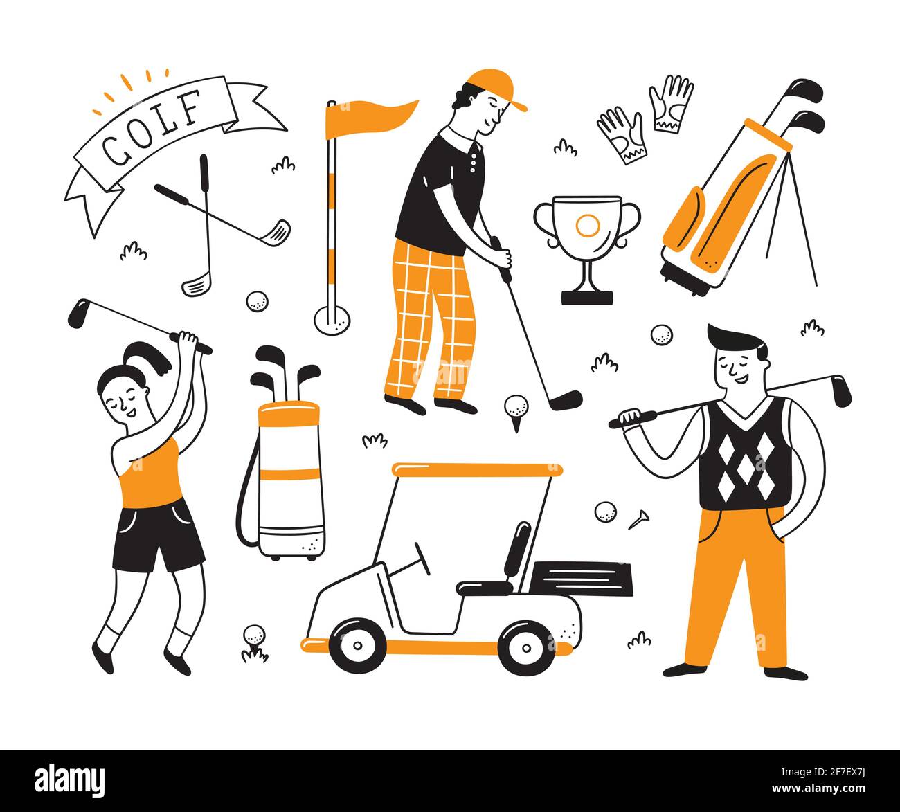 Attrezzatura da golf e golfisti in stile doodle. Club, borsa e golf cart. Illustrazione vettoriale disegnata a mano Illustrazione Vettoriale