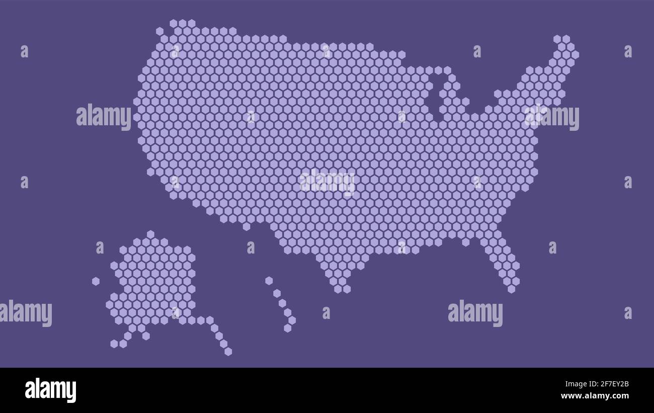 Mappa pixel esagonali viola degli Stati Uniti. Illustrazione vettoriale degli Stati Uniti Mappa esagonale mosaico punteggiato. Confine amministrativo americano, congestione fondiaria. Illustrazione Vettoriale
