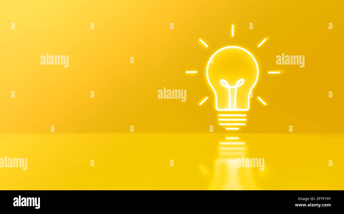 Idee concetti con bulbo luminoso in giallo neon sfondo colorato. Ispirazione creativa. Design piatto. rendering 3d - illustrazione. Foto Stock