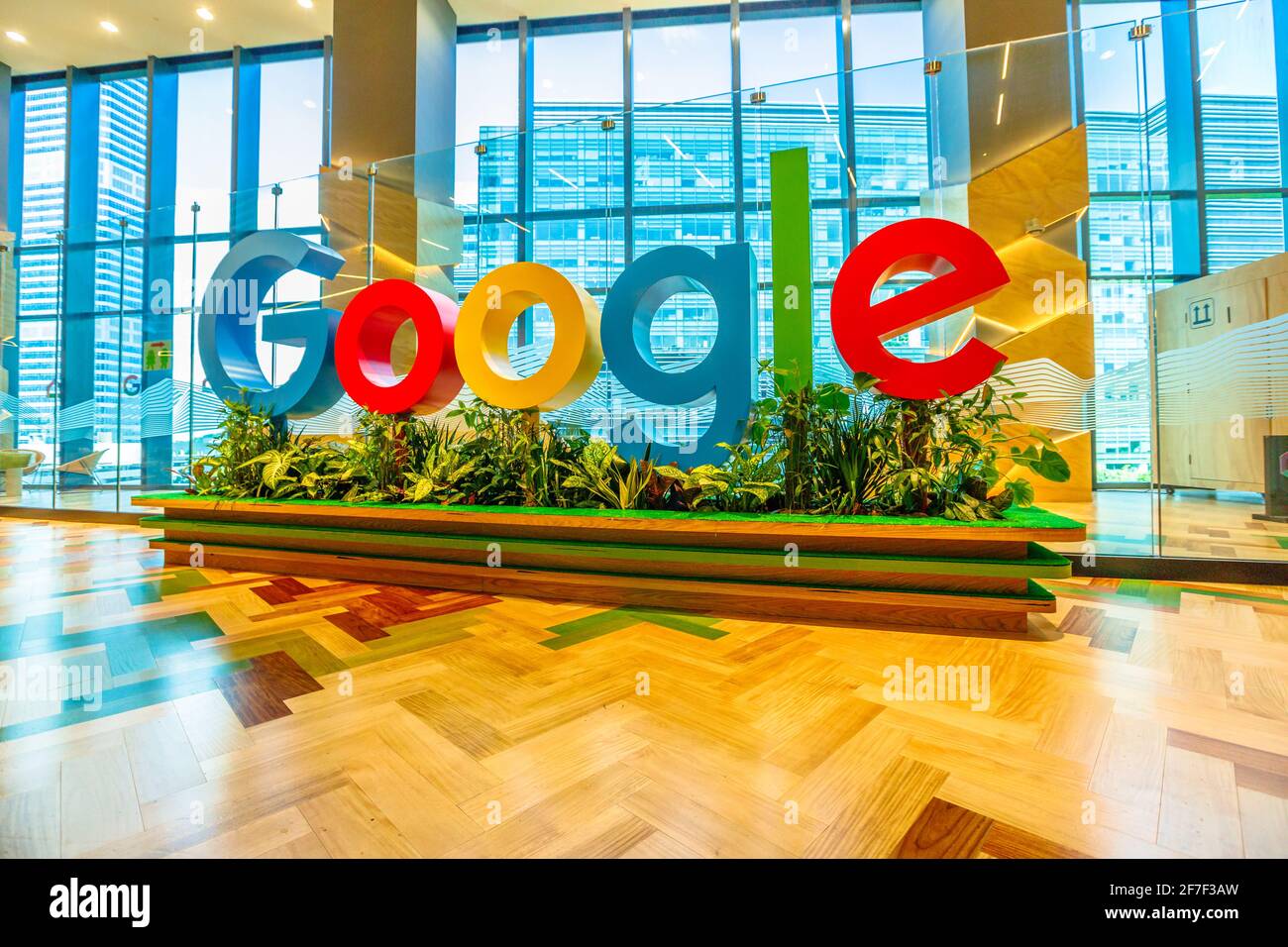 Singapore - 5 maggio 2018: Interno di Google di Singapore con ricezione. Un team di ingegneri in rapida crescita a Singapore con Google Asia-Pacifico Foto Stock