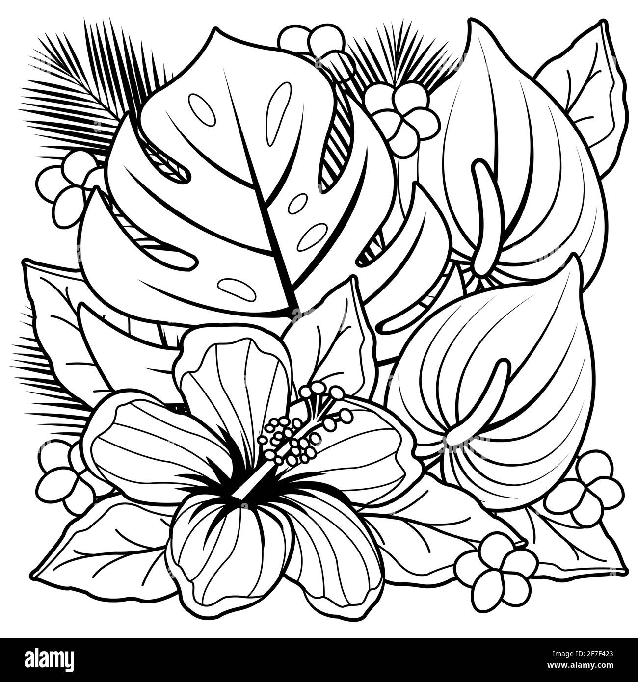 Bouquet di fiori tropicali. Esotico fiore e foglie di ibisco hawaiano. Collezione di piante e fiori esotici. Pagina da colorare in bianco e nero. Foto Stock