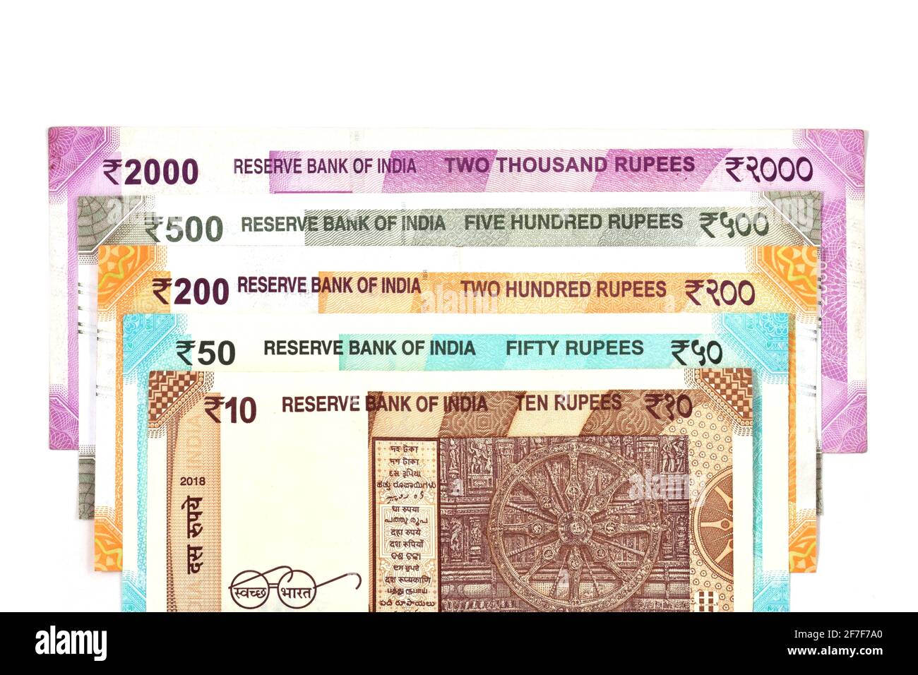Nuova valuta indiana di 10, 500, 200, 50 e 2000 rupie note Foto Stock
