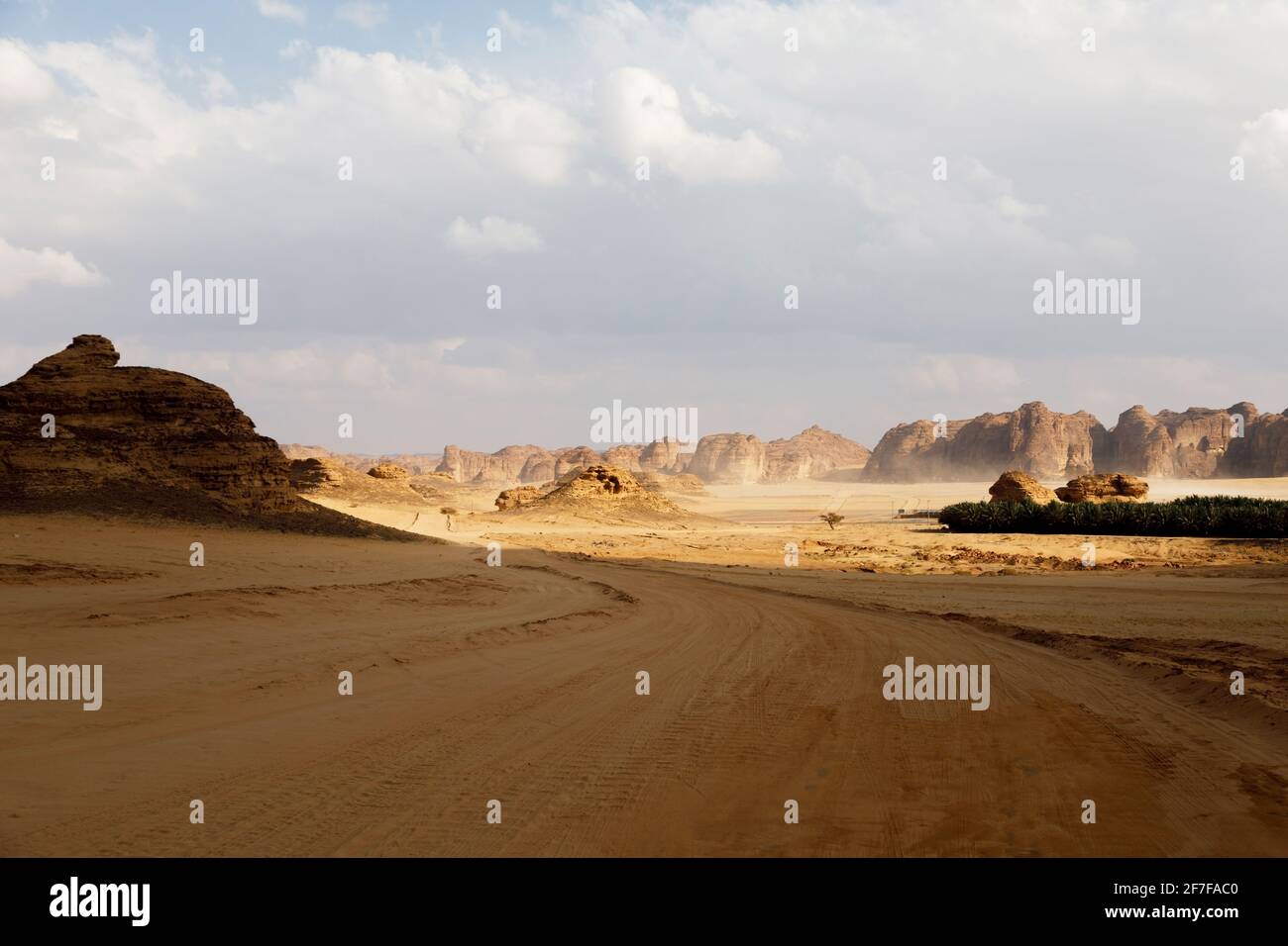 Paesaggio tipico con montagne erose nell'oasi desertica di Al Ula in Arabia Saudita Foto Stock